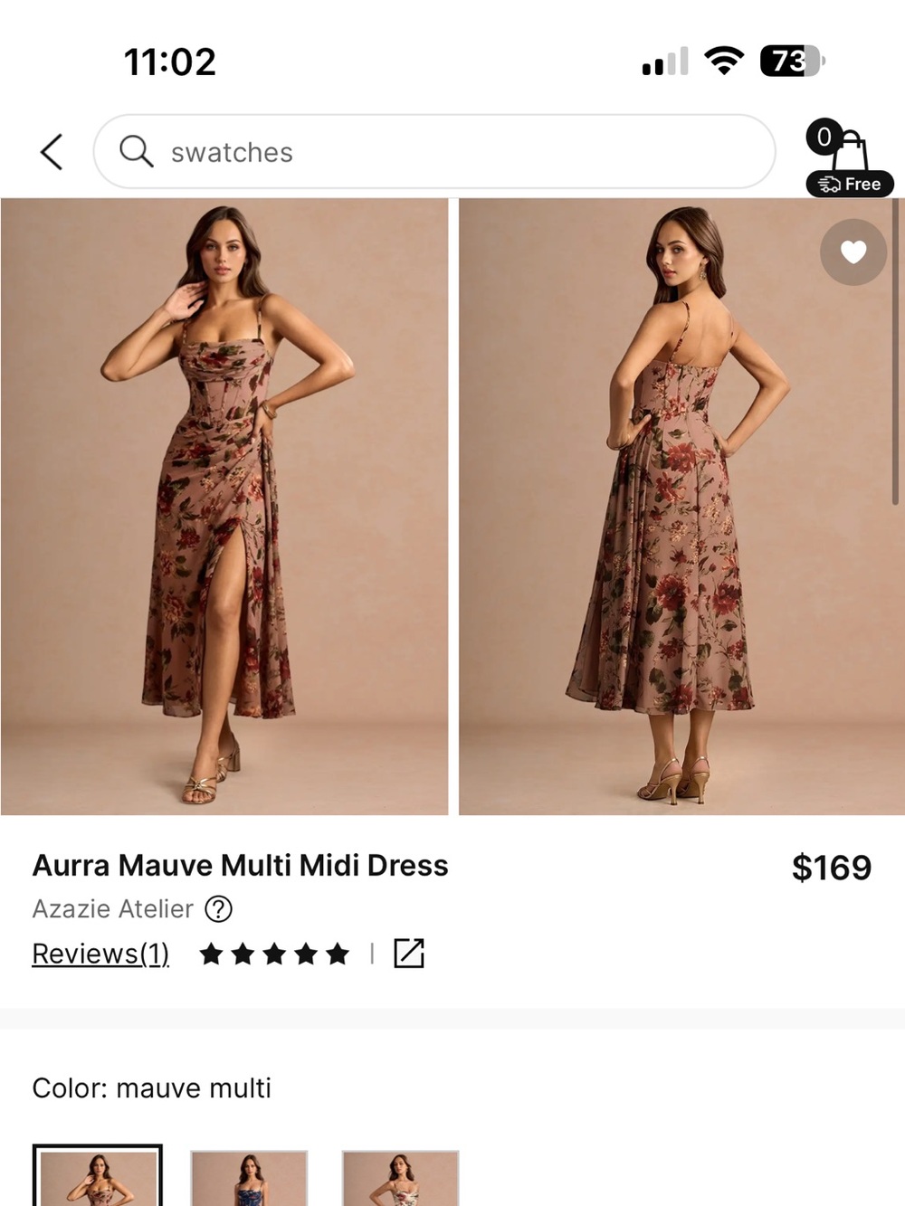 Azazie Mauve Floral Midi Dress with Side Slit